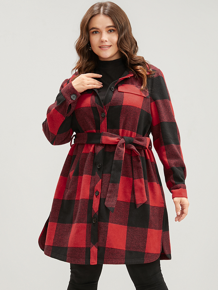 Plus Size Plaid Pocket Button Up Belted Coat Women Red Elegant Cross straps Ladies Dailywear Winter Coats BloomChic 26/4X 