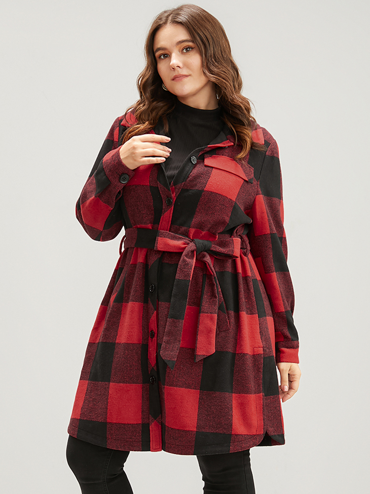 Plus Size Plaid Pocket Button Up Belted Coat Women Red Elegant Cross straps Ladies Dailywear Winter Coats BloomChic 26/4X 