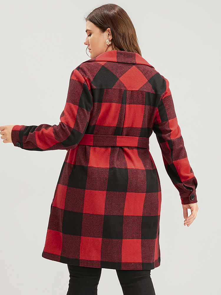 Plus Size Plaid Pocket Button Up Belted Coat Women Red Elegant Cross straps Ladies Dailywear Winter Coats BloomChic 26/4X 