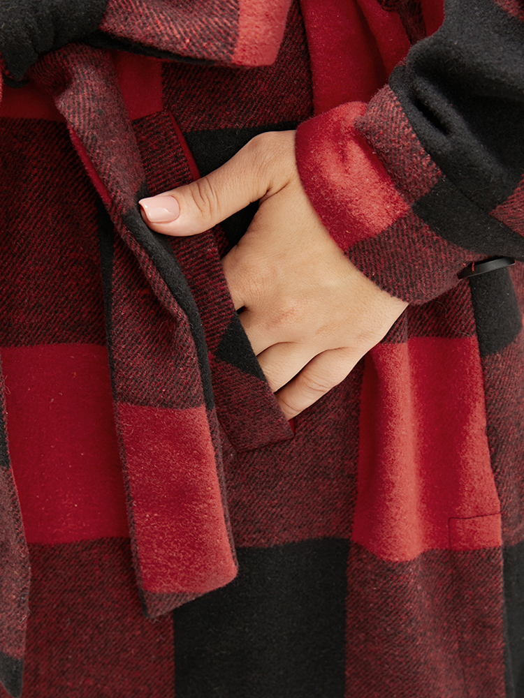 Plus Size Plaid Pocket Button Up Belted Coat Women Red Elegant Cross straps Ladies Dailywear Winter Coats BloomChic 26/4X 