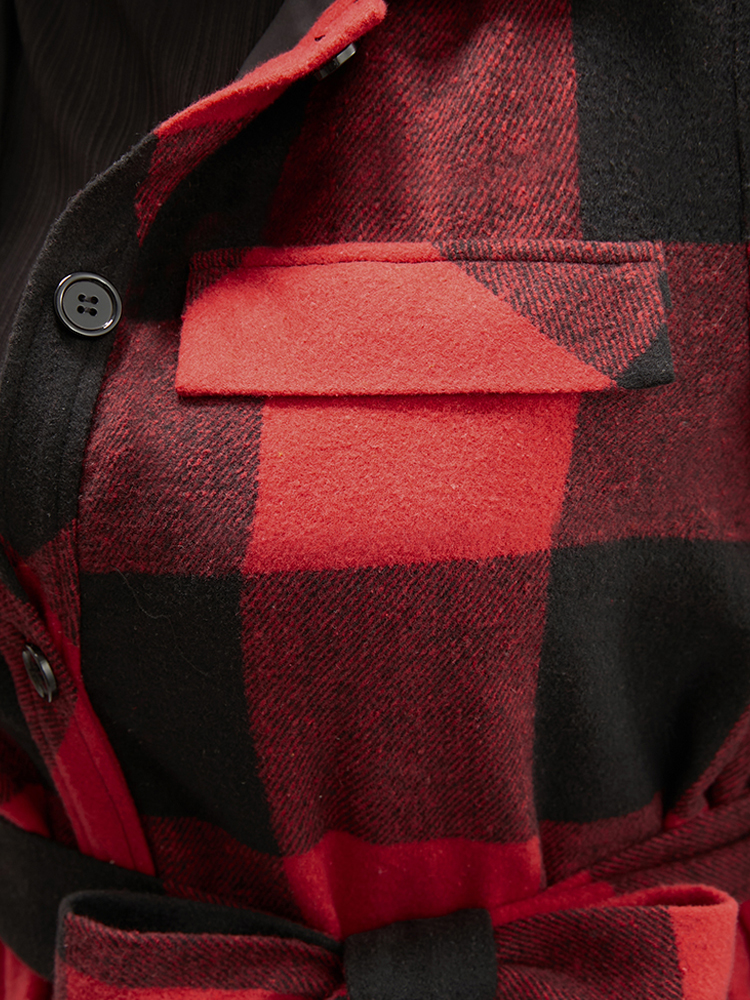 Plus Size Plaid Pocket Button Up Belted Coat Women Red Elegant Cross straps Ladies Dailywear Winter Coats BloomChic 26/4X 
