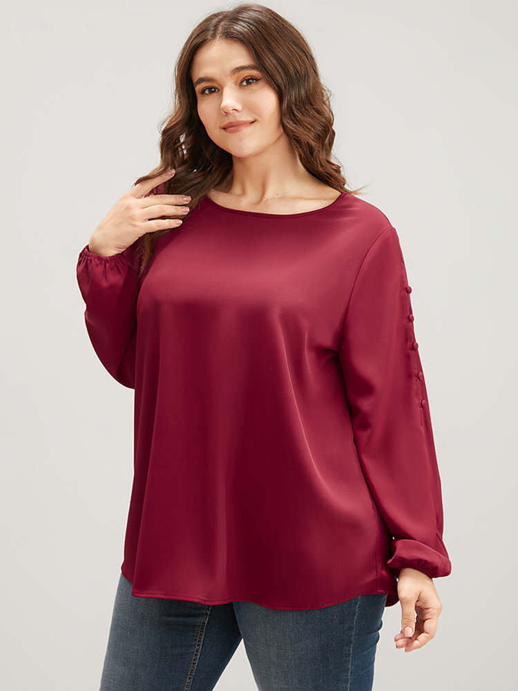 

Plus Size Scarlet Solid Round Neck Button Detail Blouse Women Elegant Long Sleeve Round Neck Dailywear Blouses BloomChic