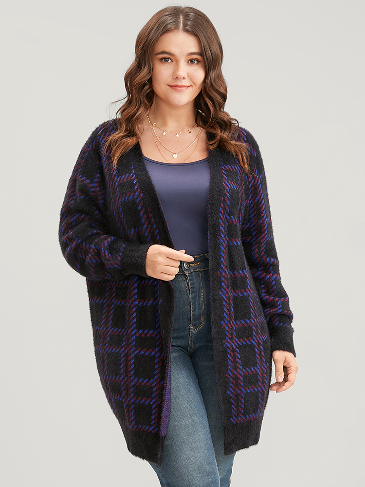 

Plus Size Plaid Contrast Soft Sexy Yarn Knit Fluffy Open Front Cardigan BlackFlower Women Casual Loose Long Sleeve Everyday Cardigans BloomChic