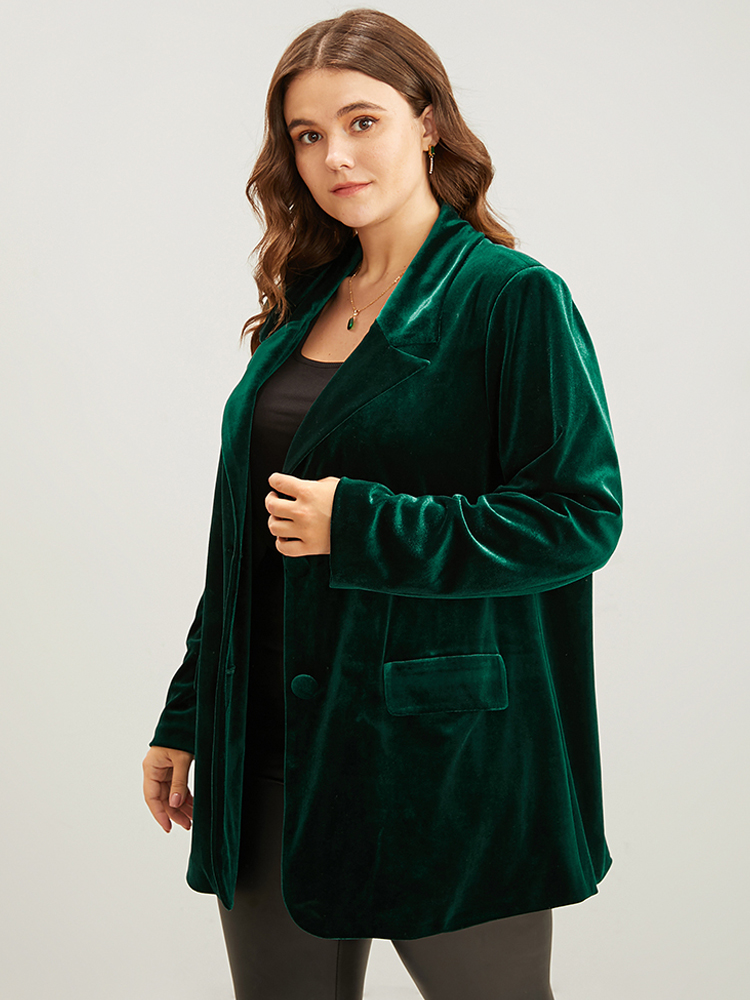 

Plus Size Solid Suit Collar Button Up Flap Pocket Velvet Blazer DarkGreen Women Going out Plain Sleeve Long Sleeve Suit Collar  Pocket Party Blazers BloomChic