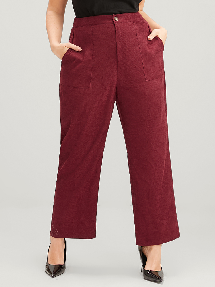 

Plus Size Solid Pocket Mid Rise Corduroy Pants Women Burgundy Office Mid Rise Work Pants BloomChic