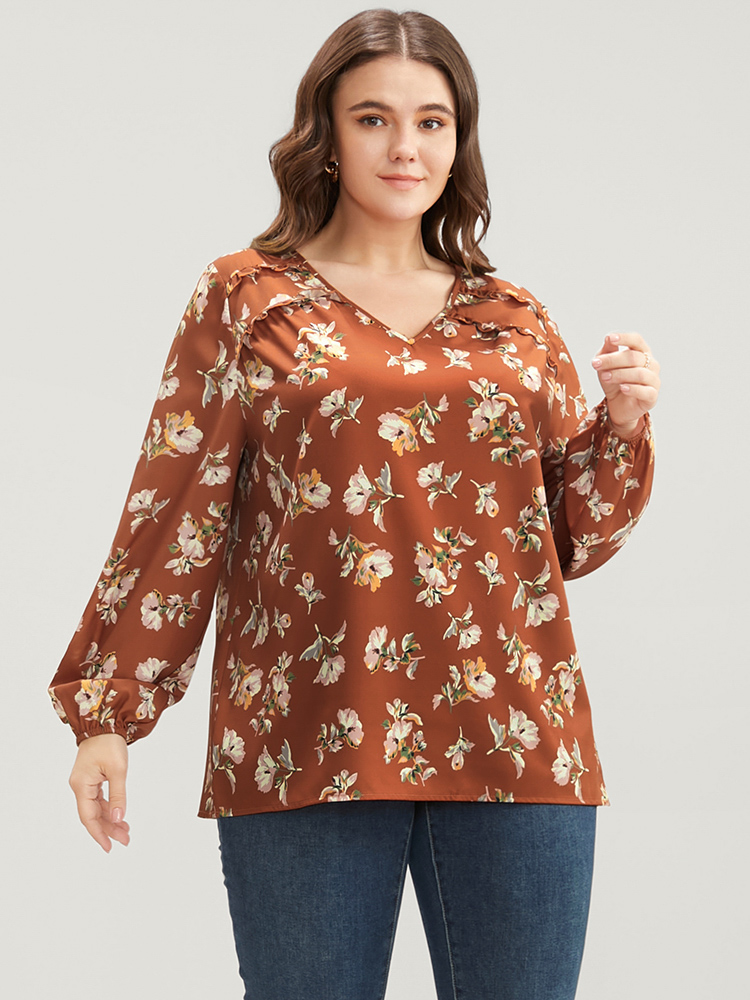 Plus Size Women Dailywear Silhouette Floral Print Ruffles Lantern Sleeve Long Sleeve V-neck Elegant Blouses BloomChic 