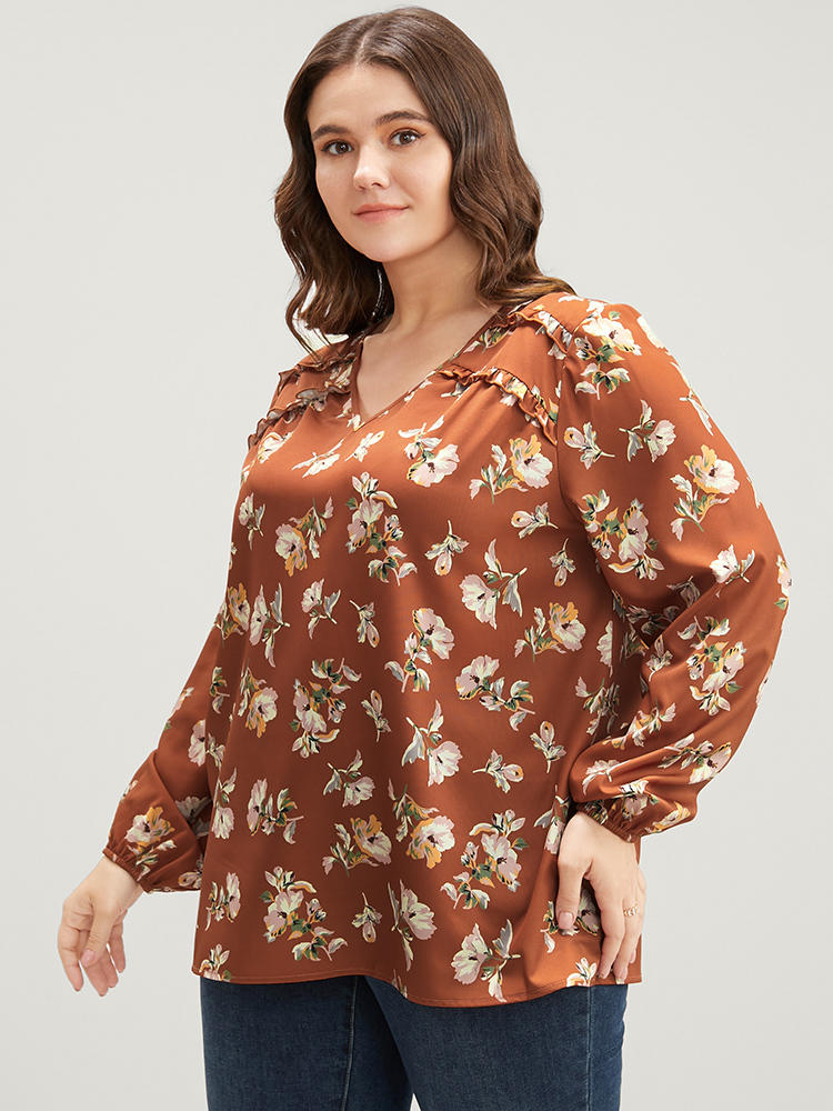 Plus Size Women Dailywear Silhouette Floral Print Ruffles Lantern Sleeve Long Sleeve V-neck Elegant Blouses BloomChic 