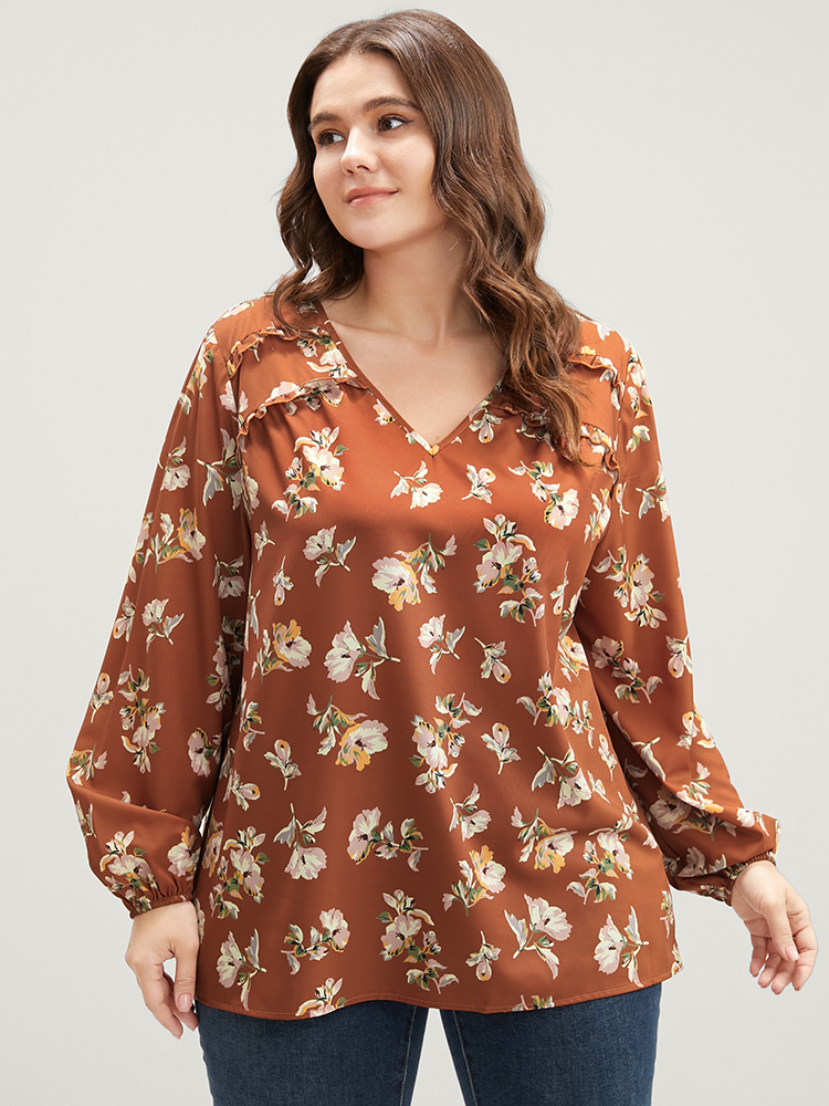 Plus Size Women Dailywear Silhouette Floral Print Ruffles Lantern Sleeve Long Sleeve V-neck Elegant Blouses BloomChic 