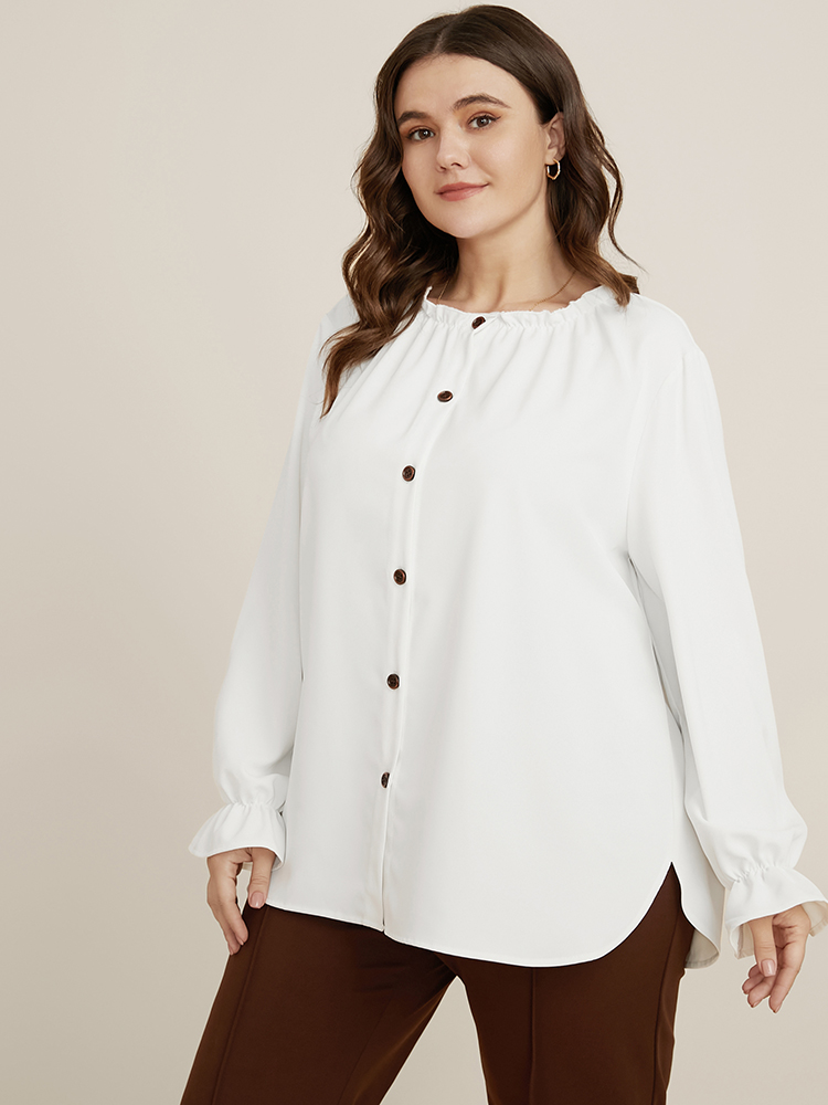 

Plus Size Solid Lantern Sleeve Button Up Frill Trim Blouse Ivory Long Sleeve Round Neck Office Shirts