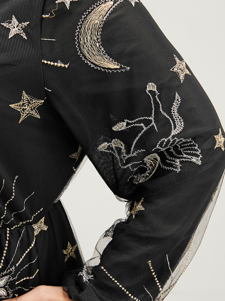 

Plus Size Moon And Star Pocket Lantern Sleeve Embroidered Mesh Dress Black Women Party Round Neck Long Sleeve Curvy Long Dress BloomChic