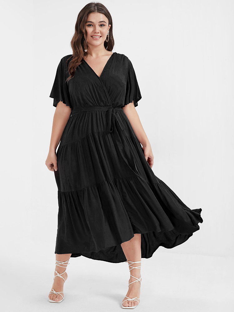 

Plus Size Solid Button Pocket Belted Ruffles Wrap Midi Dress Black Women Elegant Cross straps V-neck Short sleeve Curvy Long Dress BloomChic