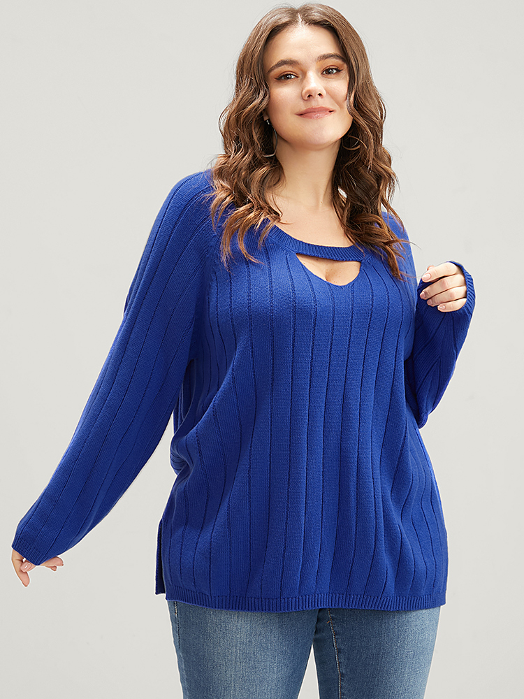 

Plus Size Solid Pointelle Knit Cut Out Split Hem Rib Knit Top Aegean Women Elegant Loose Long Sleeve Dailywear Pullovers BloomChic