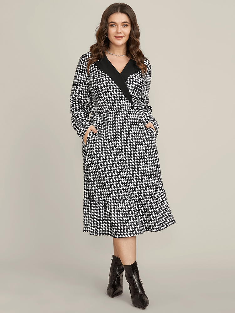 

Plus Size Contrast Trim Suit Collar Pocket Ruffle Hem Houndstooth Dress Black Women Office Patchwork Suit Collar Long Sleeve Curvy Midi Dress BloomChic