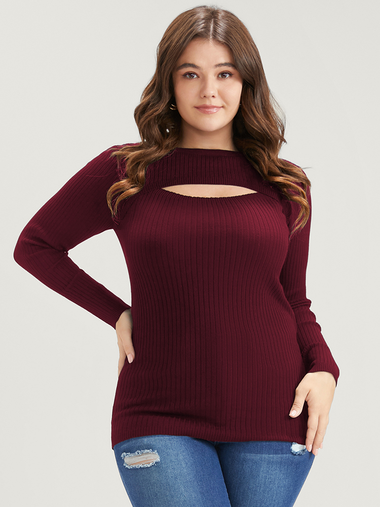 

Plus Size Solid Super Soft Rib Knit Cut Out Knit Top Burgundy Women Elegant Bodycon Long Sleeve Round Neck Dailywear Pullovers BloomChic