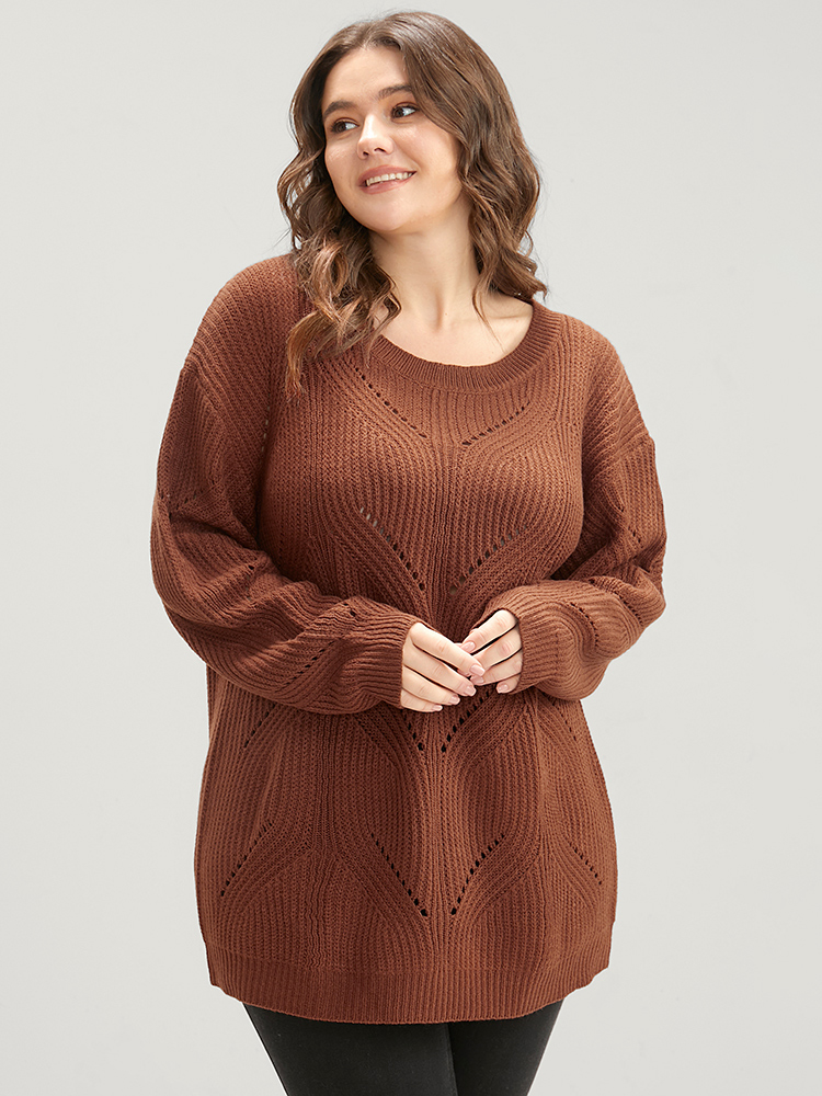 

Plus Size Solid Pointelle Knit Cut Out Round Neck Knit Top Maroon Women Casual Loose Long Sleeve Dailywear Pullovers BloomChic