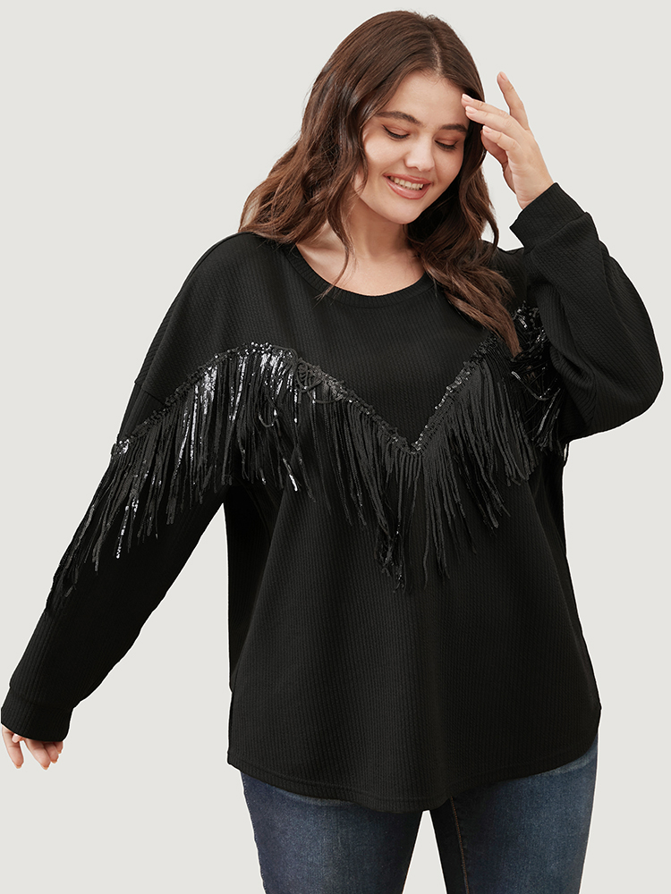 

Plus Size Solid Fringe Trim Sequin Drop Shoulder Sweatshirt Women Black Party Patchwork Round Neck Going out Sweatshirts BloomChic