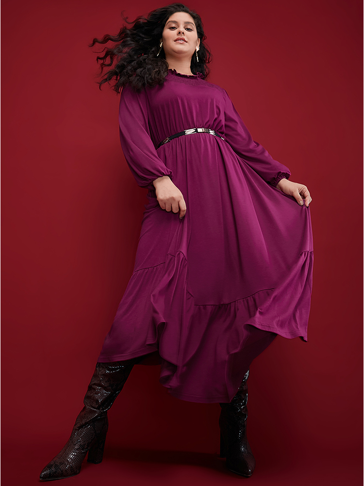 

Plus Size Solid Frill Trim Shirred Lantern Sleeve Pocket Flutter Maxi Dress Purple Women Elegant Pocket Round Neck Long Sleeve Curvy Long Dress BloomChic