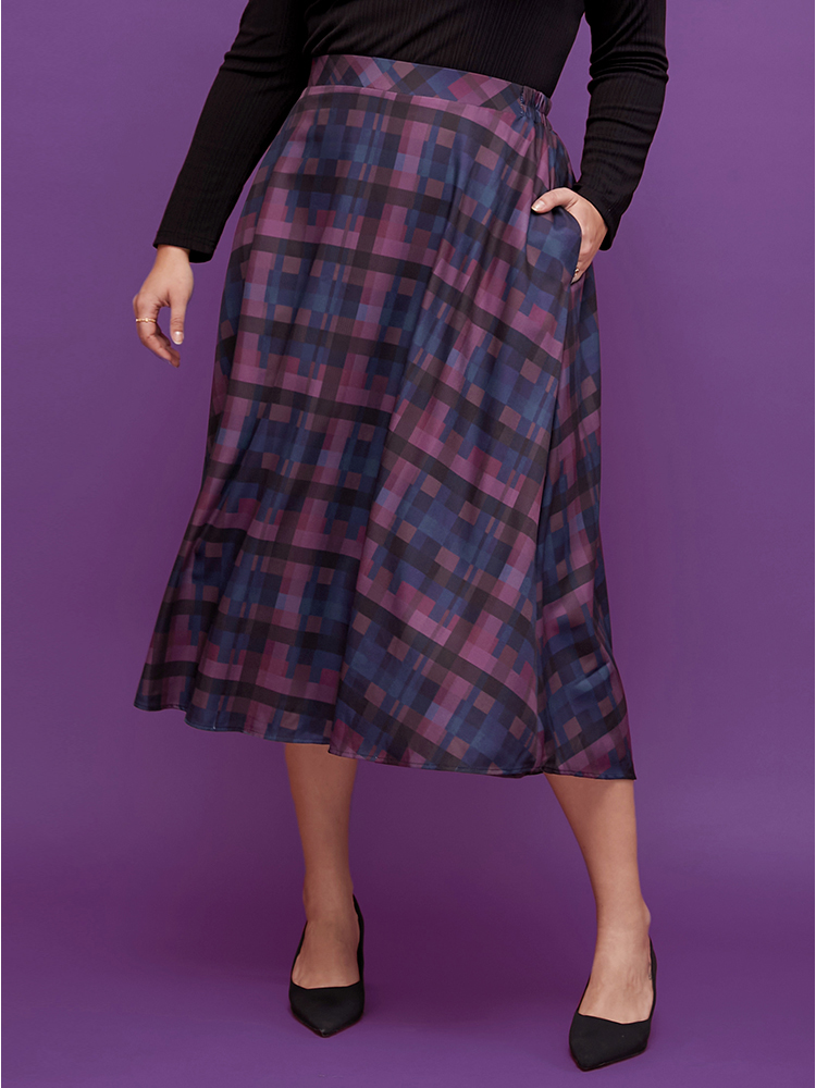 

Plus Size Plaid Contrast Elastic Waist Pocket Skirt Women Multicolor Elegant Elastic Waist Loose No stretch Pocket Dailywear Skirts BloomChic