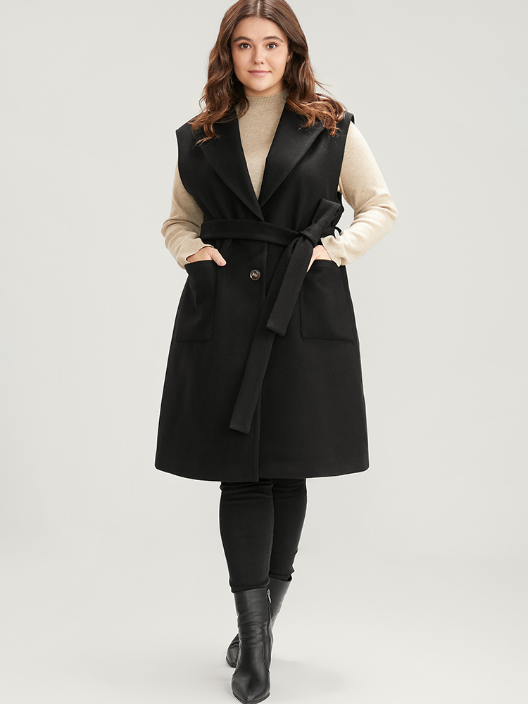 Plus Size Solid Suit Collar Pocket Belted Sleeveless Coat Women Black Office Cross straps Ladies Work Winter Coats BloomChic 18-20/2X 