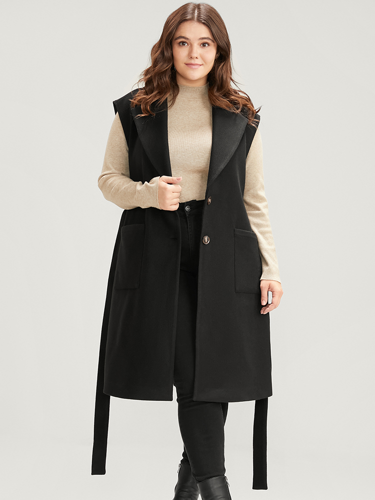 Plus Size Solid Suit Collar Pocket Belted Sleeveless Coat Women Black Office Cross straps Ladies Work Winter Coats BloomChic 18-20/2X 