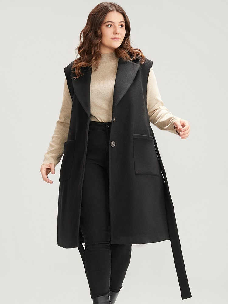 Plus Size Solid Suit Collar Pocket Belted Sleeveless Coat Women Black Office Cross straps Ladies Work Winter Coats BloomChic 18-20/2X 