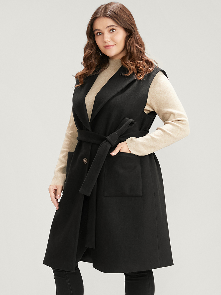 Plus Size Solid Suit Collar Pocket Belted Sleeveless Coat Women Black Office Cross straps Ladies Work Winter Coats BloomChic 18-20/2X 