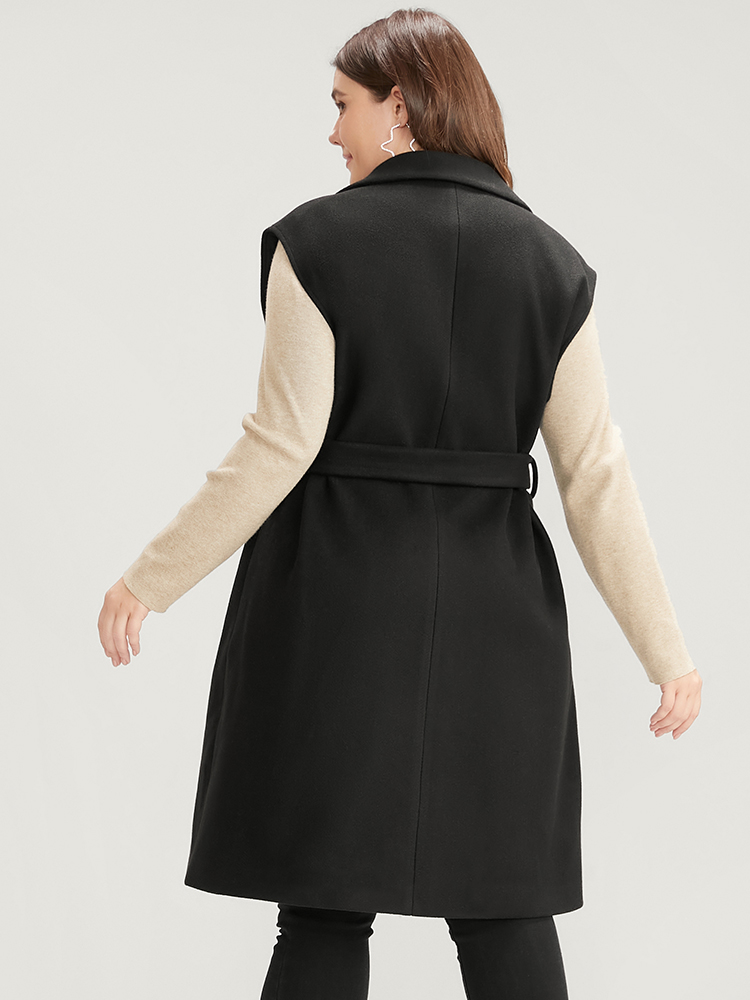Plus Size Solid Suit Collar Pocket Belted Sleeveless Coat Women Black Office Cross straps Ladies Work Winter Coats BloomChic 18-20/2X 