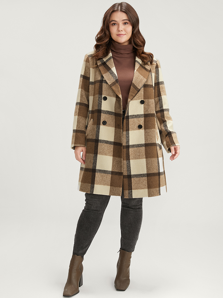 Plus Size Plaid Suit Collar Double Breasted Pocket Blazer Women Chocolate Casual Button Ladies Dailywear Winter Coats BloomChic 12/L 