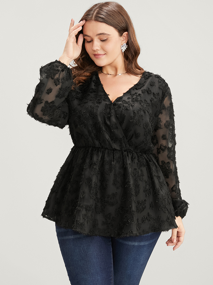 

Plus Size Black Floral Mesh Lantern Sleeve Surplice Neck Fuzzy Blouse Women Glamour Long Sleeve V-neck Going out Blouses BloomChic