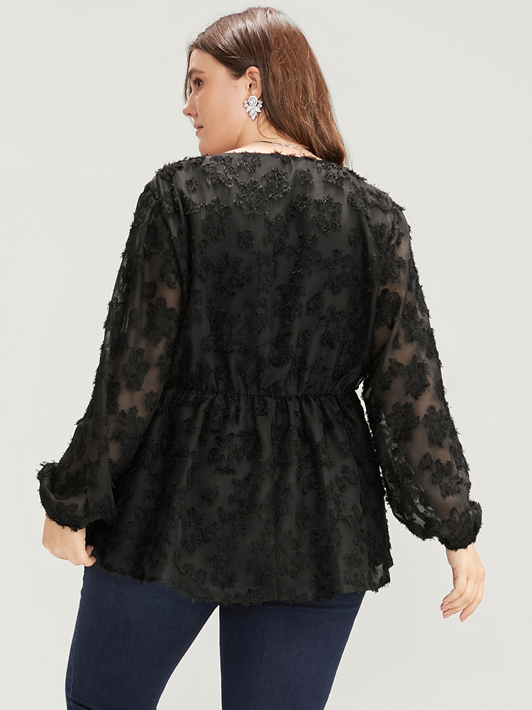 

Plus Size Black Floral Mesh Lantern Sleeve Surplice Neck Fuzzy Blouse Women Glamour Long Sleeve V-neck Going out Blouses BloomChic