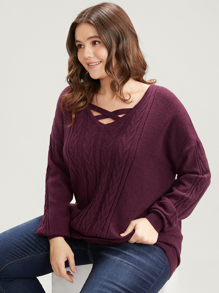 

Plus Size Soft Pointelle Knit Crisscoss Neck Cable Knit Top Burgundy Women Elegant Loose Long Sleeve V-neck Dailywear Pullovers BloomChic