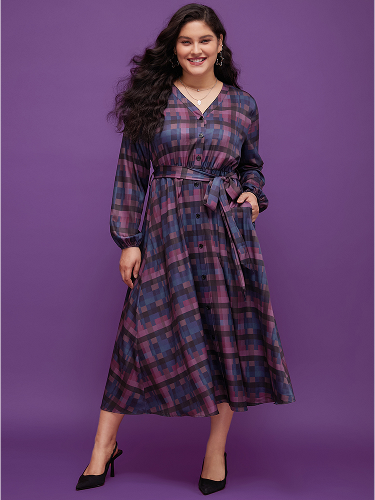 

Plus Size Plaid Contrast Button Up Pocket Lantern Sleeve Belted Dress Multicolor Women Elegant Button V-neck Long Sleeve Curvy Midi Dress BloomChic