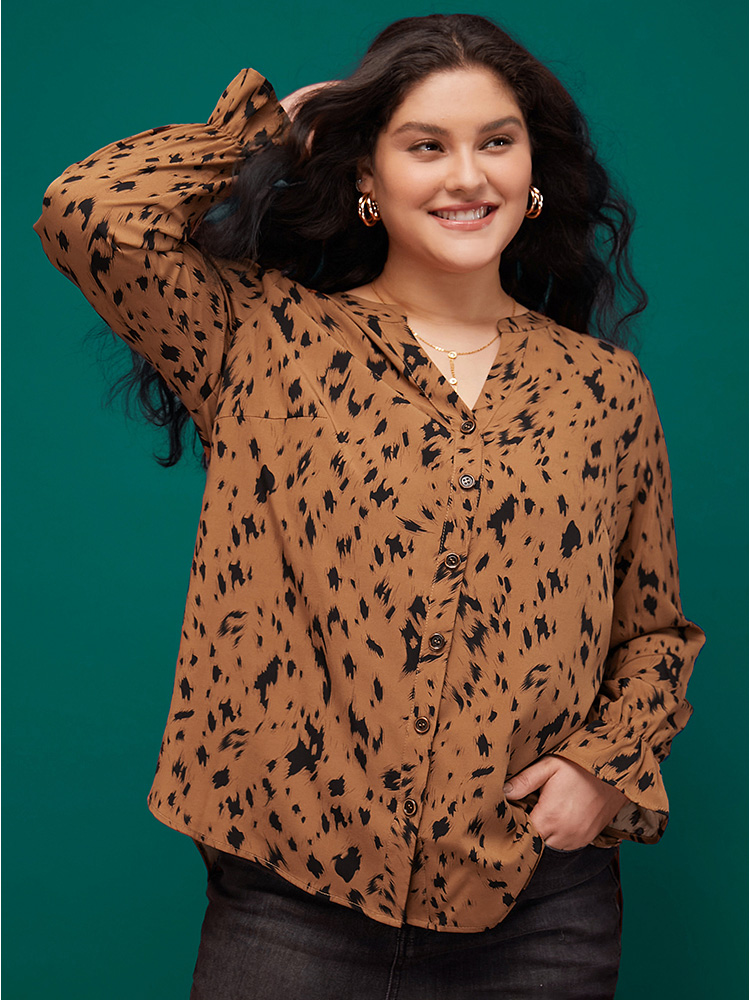 

Plus Size Leopard Print Button Up Split Hem V Neck Blouse Rust Long Sleeve V-neck Elegant Shirts