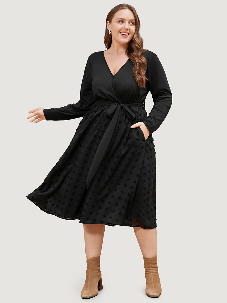 

Plus Size Solid Surplice Neck Pocket Mesh Patchwork Belted Dress Black Women Casual Elastic Waist V-neck Long Sleeve Curvy Midi Dress BloomChic