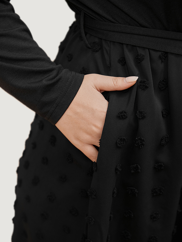 

Plus Size Solid Surplice Neck Pocket Mesh Patchwork Belted Dress Black Women Casual Elastic Waist V-neck Long Sleeve Curvy Midi Dress BloomChic