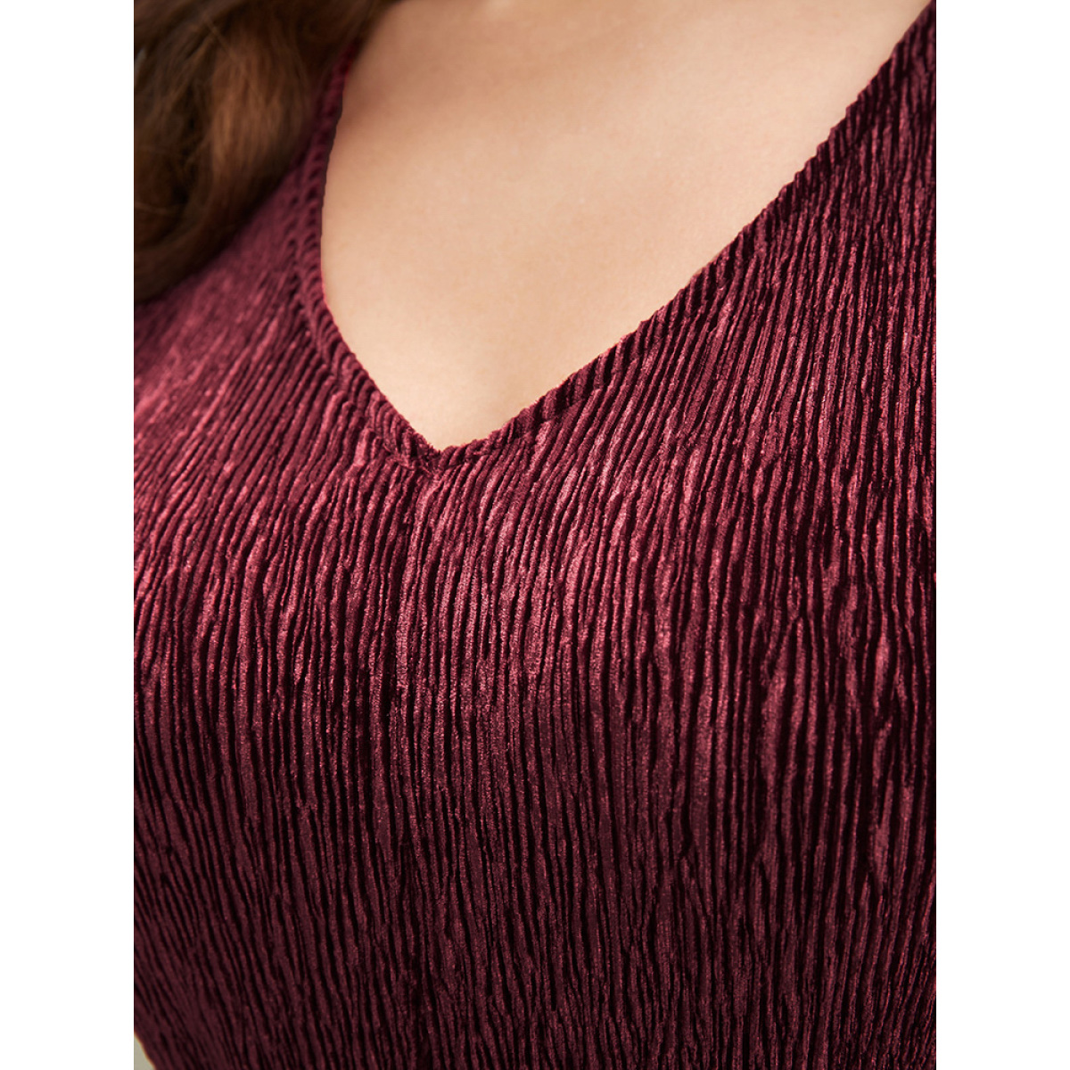 

Plus Size Burgundy Glitter Textured Lantern Sleeve Belted Ruffle Blouse Women Party Long Sleeve V-neck Going out Blouses BloomChic