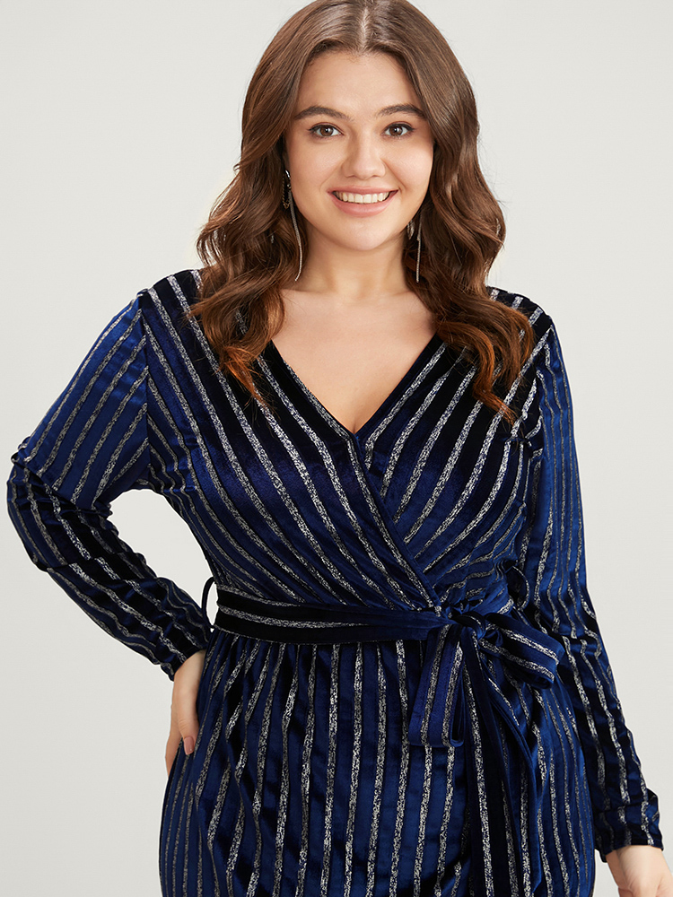 

Plus Size Glitter Striped Wrap Belted Velvet Midi Dress Indigo Women Party Velvet V-neck Long Sleeve Curvy Midi Dress BloomChic