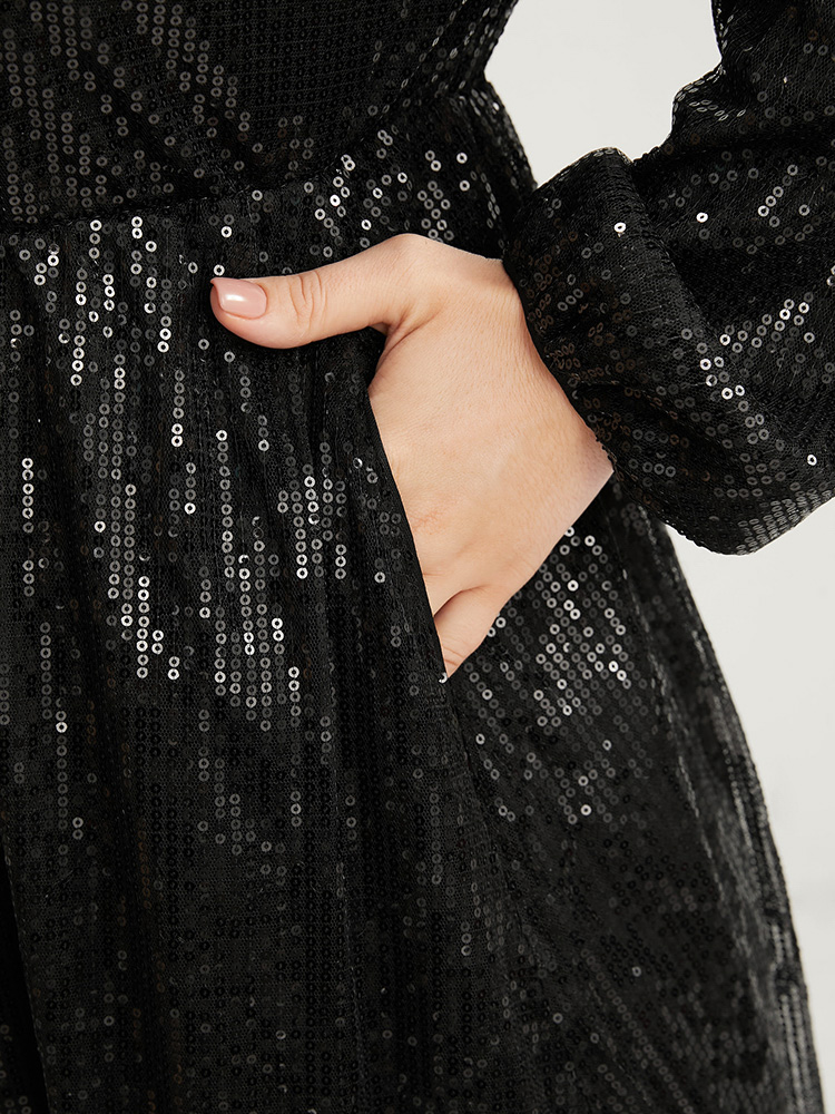 

Plus Size Solid Lantern Sleeve Pocket Wrap Sequin Maxi Dress Black Women Party Elastic Waist V-neck Long Sleeve Curvy Long Dress BloomChic