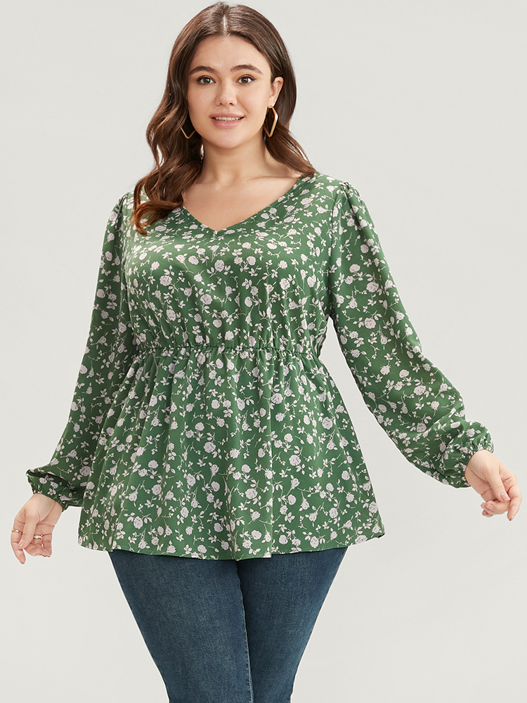 

Plus Size Green Ditsy Floral V Neck Lantern Sleeve Blouse Women Elegant Long Sleeve V-neck Dailywear Blouses BloomChic