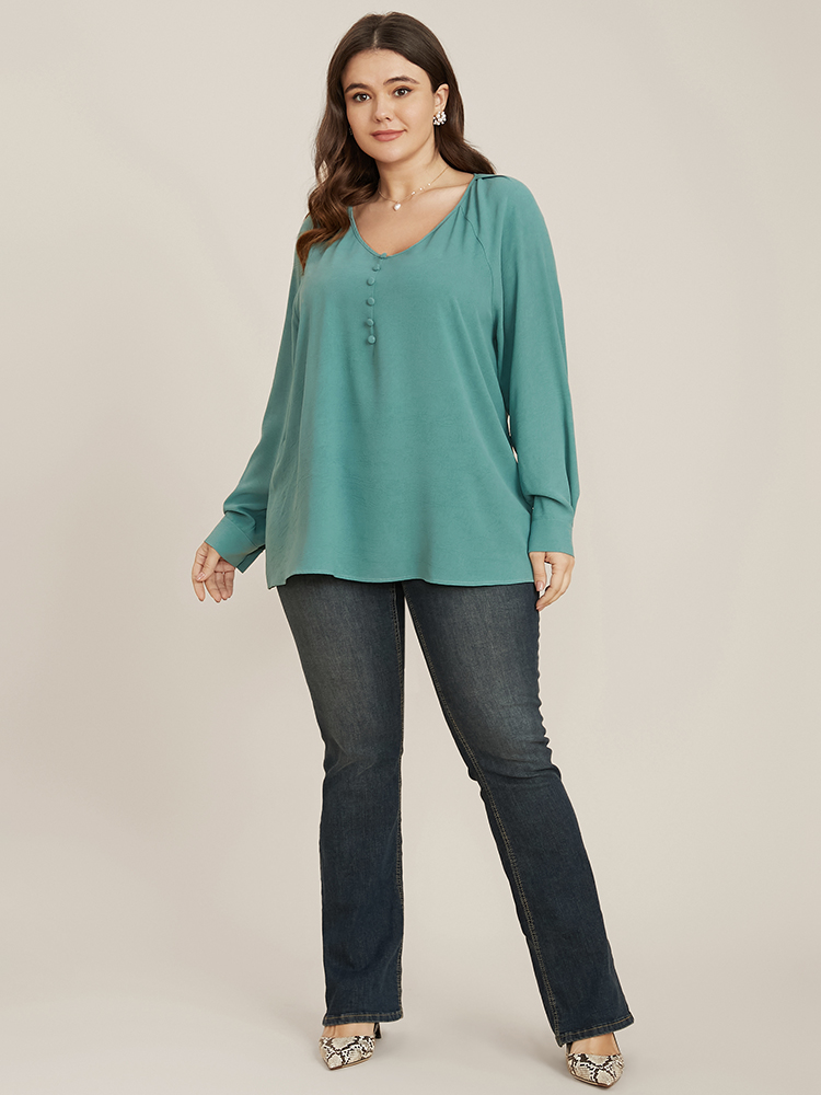 

Plus Size Mint Solid V Neck Button Detail Blouse Women Office Long Sleeve V-neck Work Blouses BloomChic