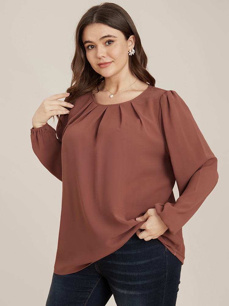 Plus Size Women Dailywear Plain Pleated Lantern Sleeve Long Sleeve Round Neck Elegant Blouses BloomChic 