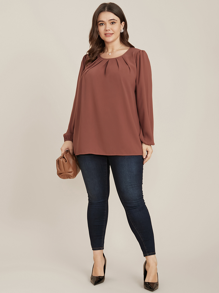 Plus Size Women Dailywear Plain Pleated Lantern Sleeve Long Sleeve Round Neck Elegant Blouses BloomChic 