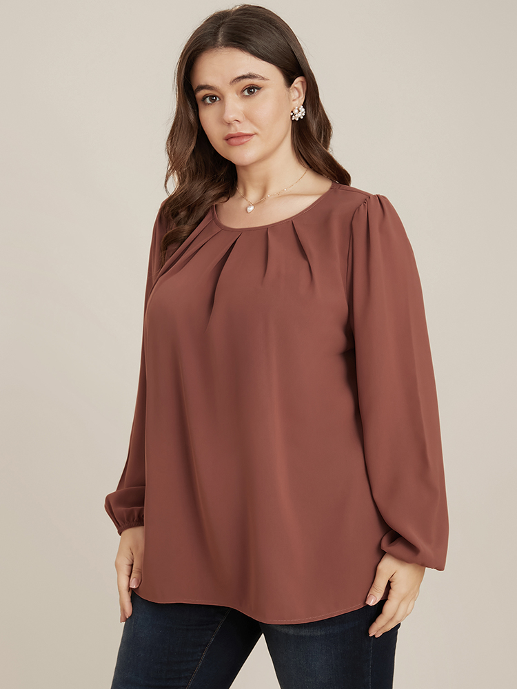 Plus Size Women Dailywear Plain Pleated Lantern Sleeve Long Sleeve Round Neck Elegant Blouses BloomChic 