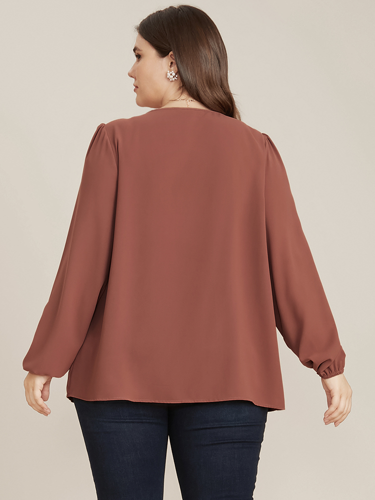 Plus Size Women Dailywear Plain Pleated Lantern Sleeve Long Sleeve Round Neck Elegant Blouses BloomChic 
