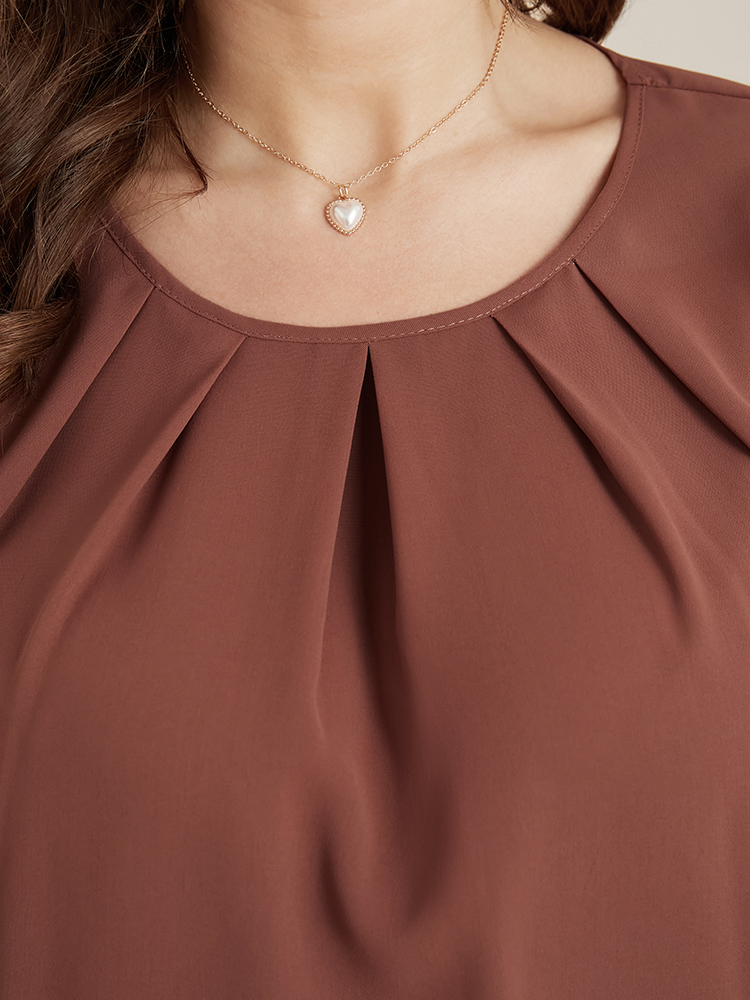 Plus Size Women Dailywear Plain Pleated Lantern Sleeve Long Sleeve Round Neck Elegant Blouses BloomChic 