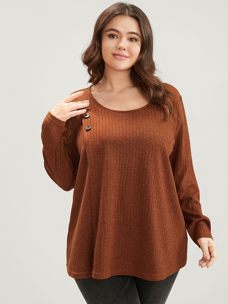 

Plus Size Solid Round Neck Button Detail Rib Knit Long Tee Rust Round Neck Long Sleeve Elegant Jersey Tops