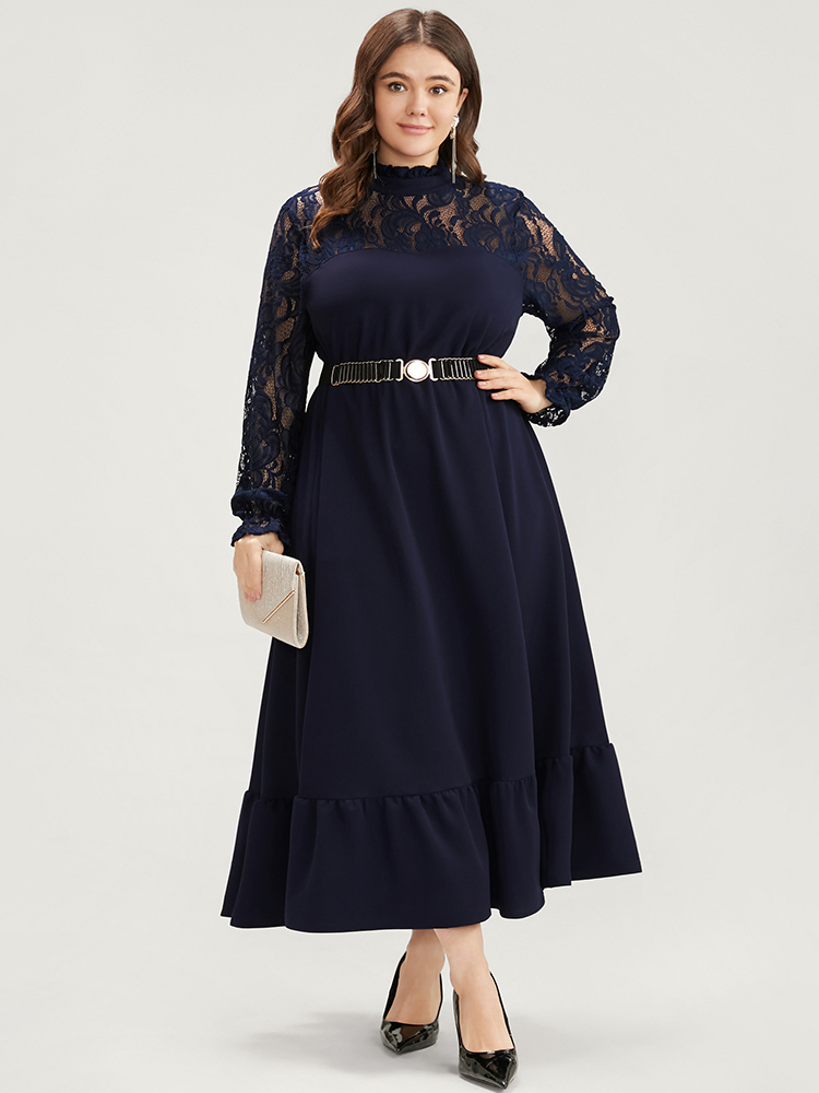 

Plus Size Solid Contrast Lace Pocket Mock Neck Flutter Dress Without Belt Navy Women Glamour Patchwork Mock Neck Long Sleeve Curvy Midi Dress BloomChic