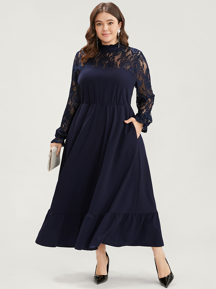 

Plus Size Solid Contrast Lace Pocket Mock Neck Flutter Dress Without Belt Navy Women Glamour Patchwork Mock Neck Long Sleeve Curvy Midi Dress BloomChic