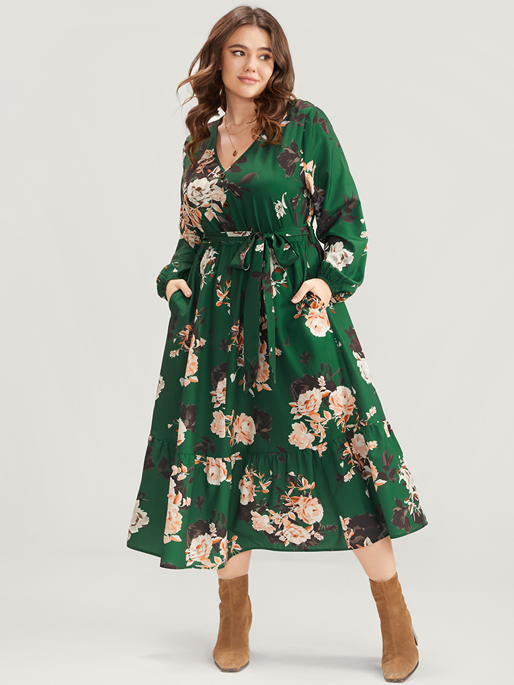 

Plus Size Floral Print Lantern Sleeve Button Detail Pocket Belted Dress Moss Women Elegant Elastic Waist V-neck Long Sleeve Curvy Midi Dress BloomChic