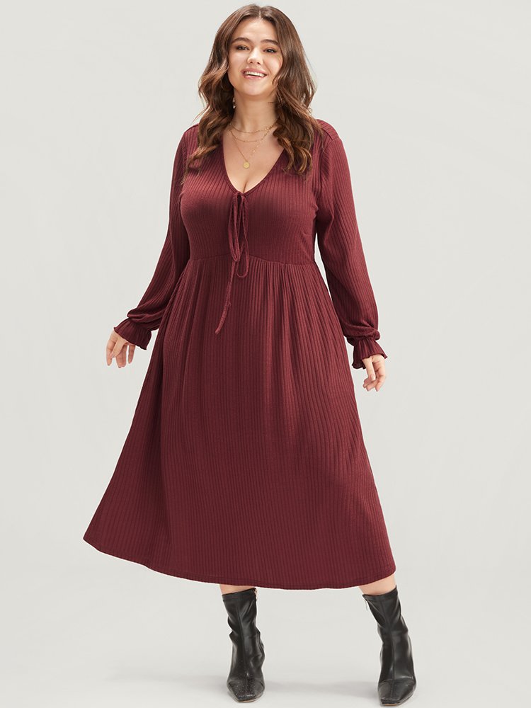 

Plus Size Solid Lantern Sleeve Tie Neck Pocket Rib Knit Dress Burgundy Women Casual Pocket V-neck Long Sleeve Curvy Midi Dress BloomChic